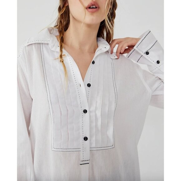 WE THE FREE Black Tie Tux Shirt Sz L White Pintuck Button Up Tunic 100% Cotton - Picture 3 of 12